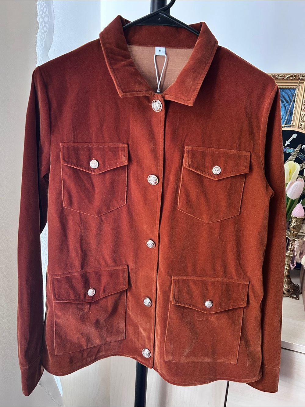 Women's Brown Button-Front Jacket w/ Pockets Long Sleeve M